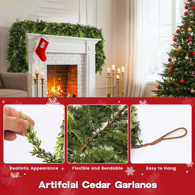 Christmas Garland Decoration 3-Pack with Free LED Light Strip for Fireplace, Staircase & Tree