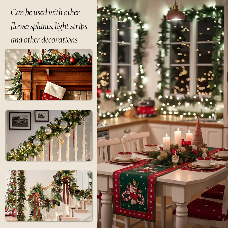 Christmas Garland Decoration 3-Pack with Free LED Light Strip for Fireplace, Staircase & Tree