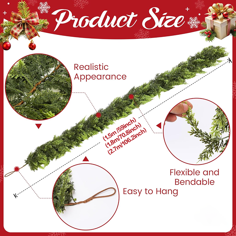 Christmas Garland Decoration 3-Pack with Free LED Light Strip for Fireplace, Staircase & Tree